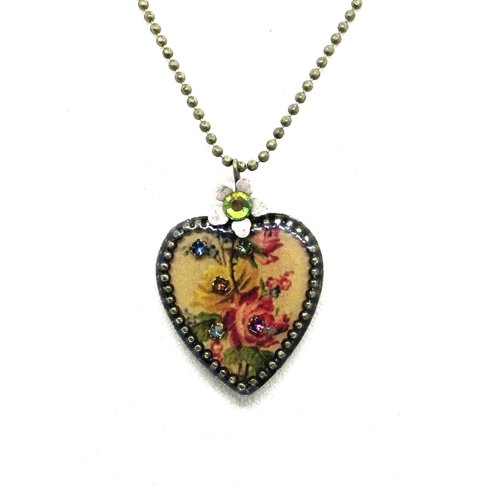 Michal Negrin Romantic Heart Rose Pendant Chain Necklace Swarovski Crystals